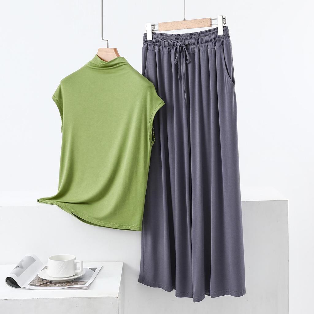 Summer High-Neck Sleeveless Top & Color Block Wide-Leg Pants Two-Piece Set