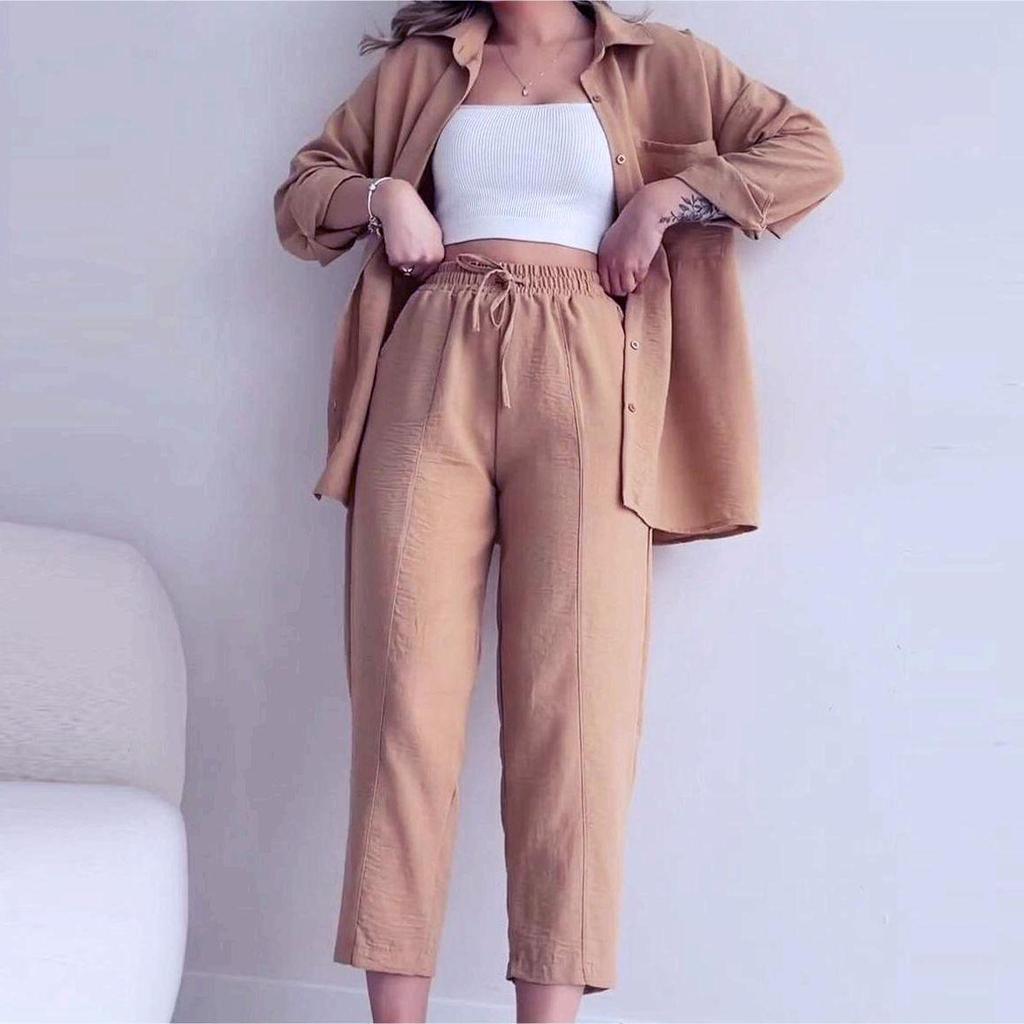 2024 European & American Women's Summer Crinkle Long Sleeve Shirt & High Waist Wide Leg Pants Set