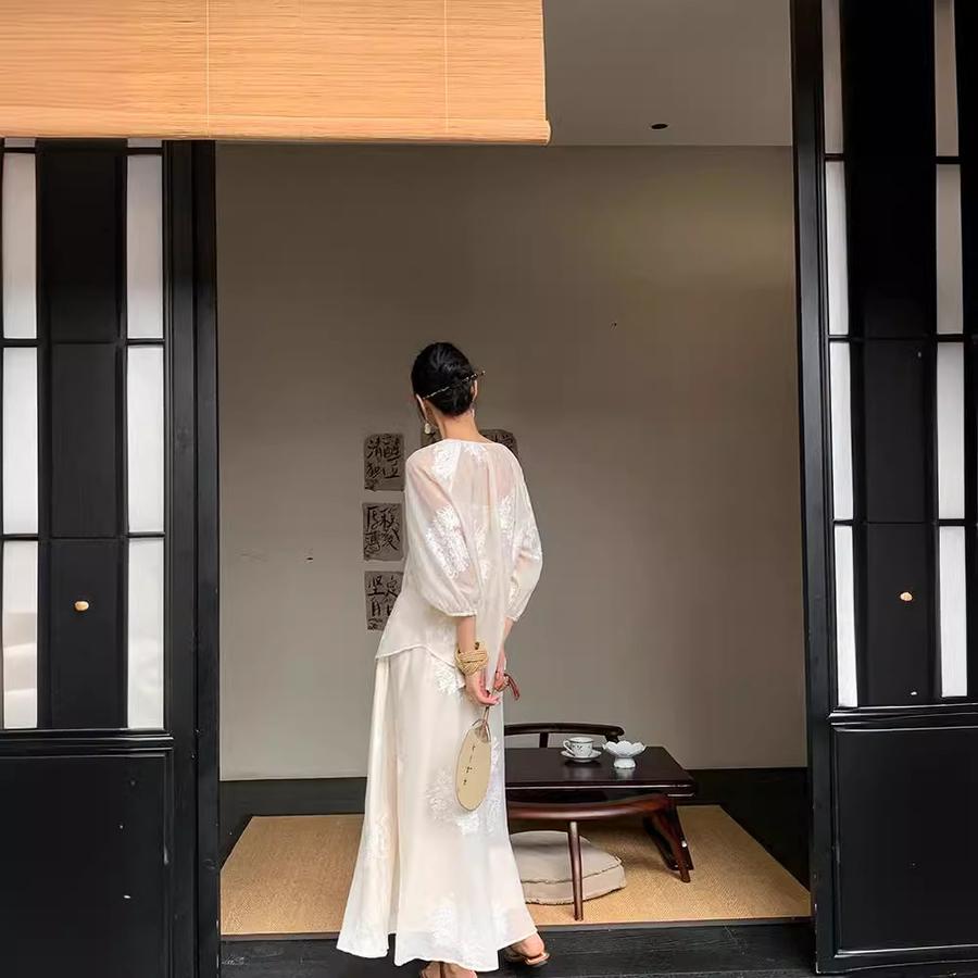 Summer New Tea Style Outfit Chiffon Chinese Traditional Folk Style Fashion Fresh Travel Set Dress
