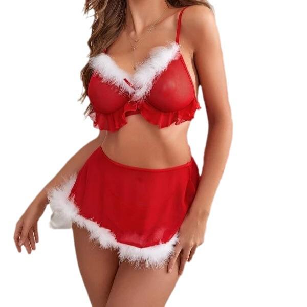 Seductive Deep V Furry Camisole Lingerie Set - Women's Hot Christmas Two-Piece