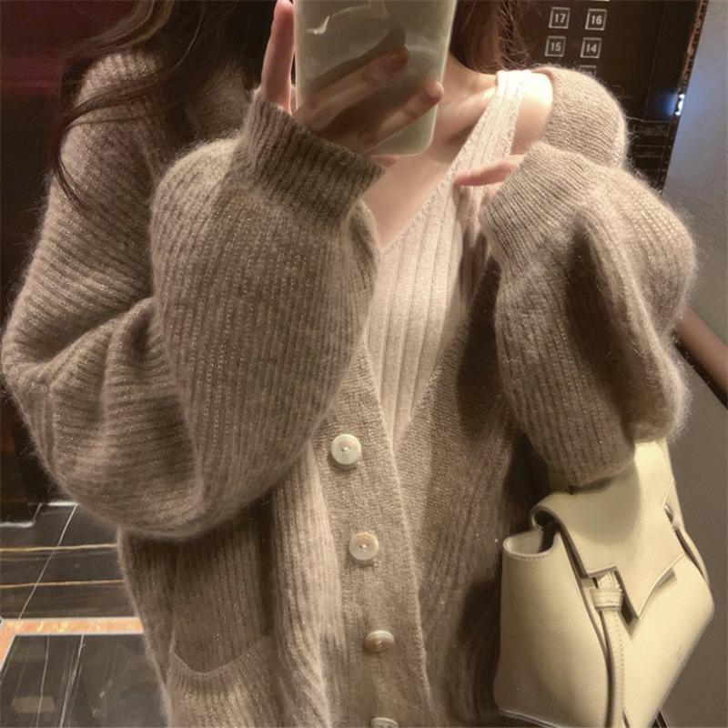 

Gentle wind temperament soft waxy knitted cardigan top women s autumn and winter new loose lazy thin sweater jacket One Size верблюд