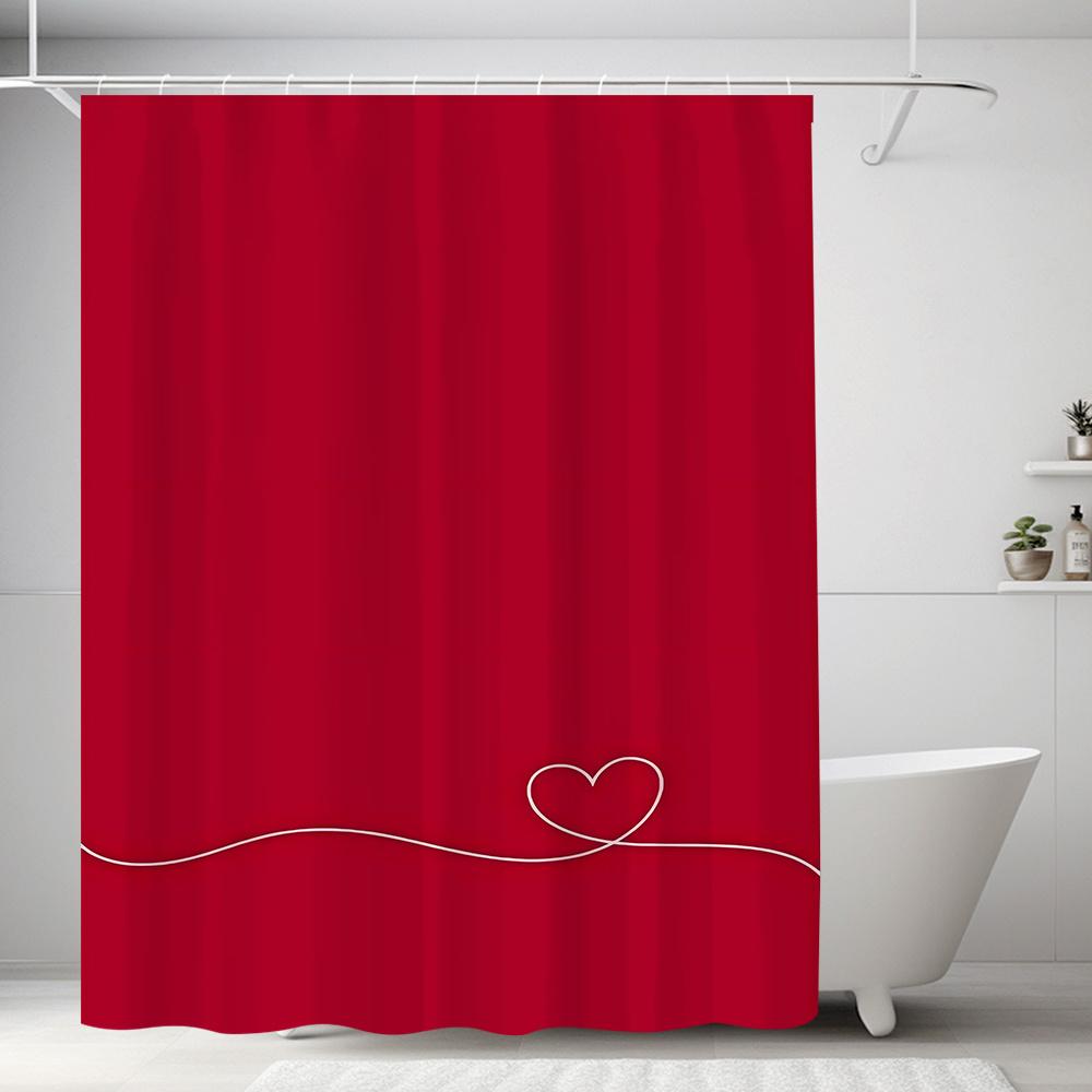

Elegant Red Shower Curtain with White Line Heart Design Waterproof Polyester Bath Curtain No Punching for Modern Bathroom Decor 90X180cm(35x70in)