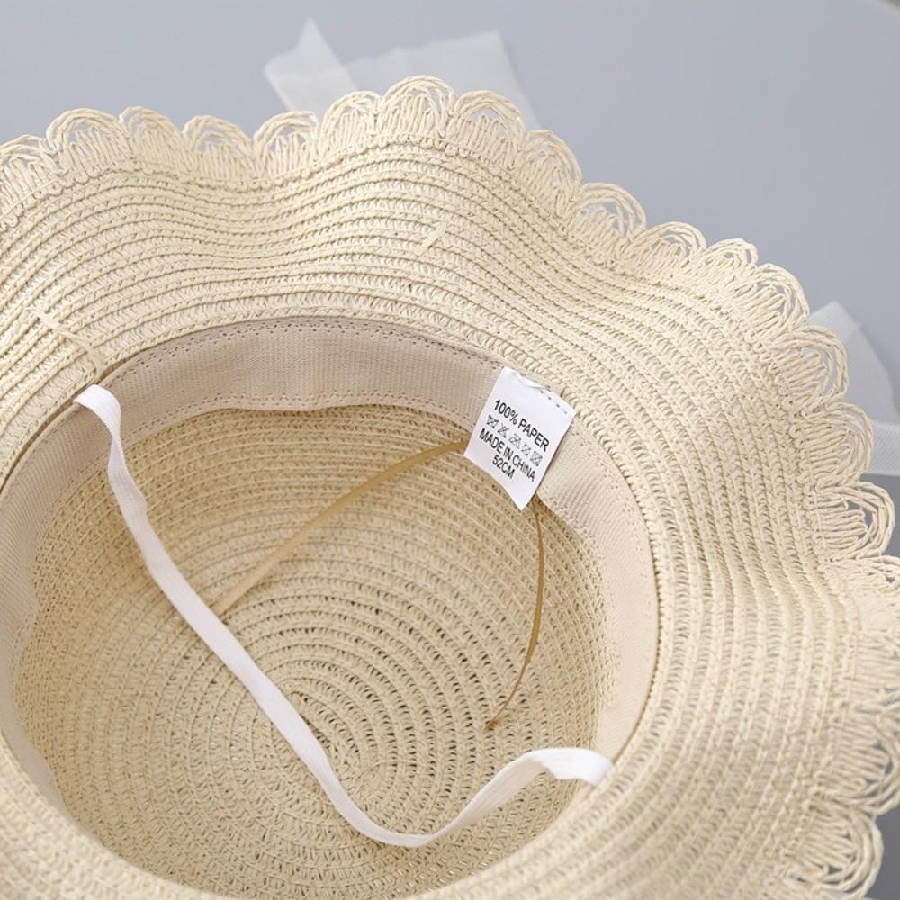 Wide Brim Straw Bag Cap Set Pearl Bow Style Sun Hat Sunscreen Sunshade Hat  for 2-8 Years Kids
