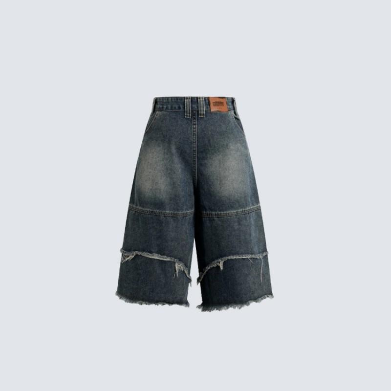 Mens Vintage Distressed Denim Shorts Loose Straight Leg Streetwear High Street Style