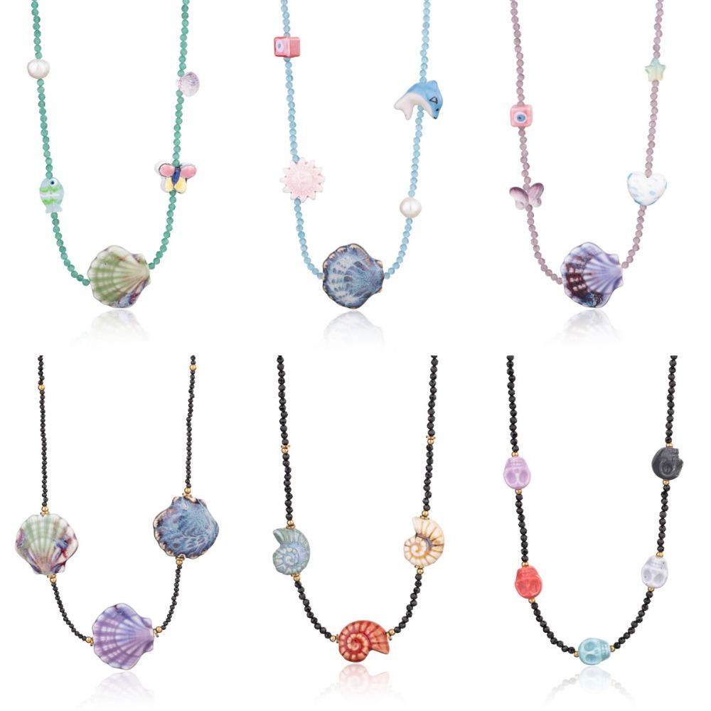Crystal Shell Pendant Necklace Sea Beach Bohemia Beads Chain Choker Conch Shell Necklace  Summer