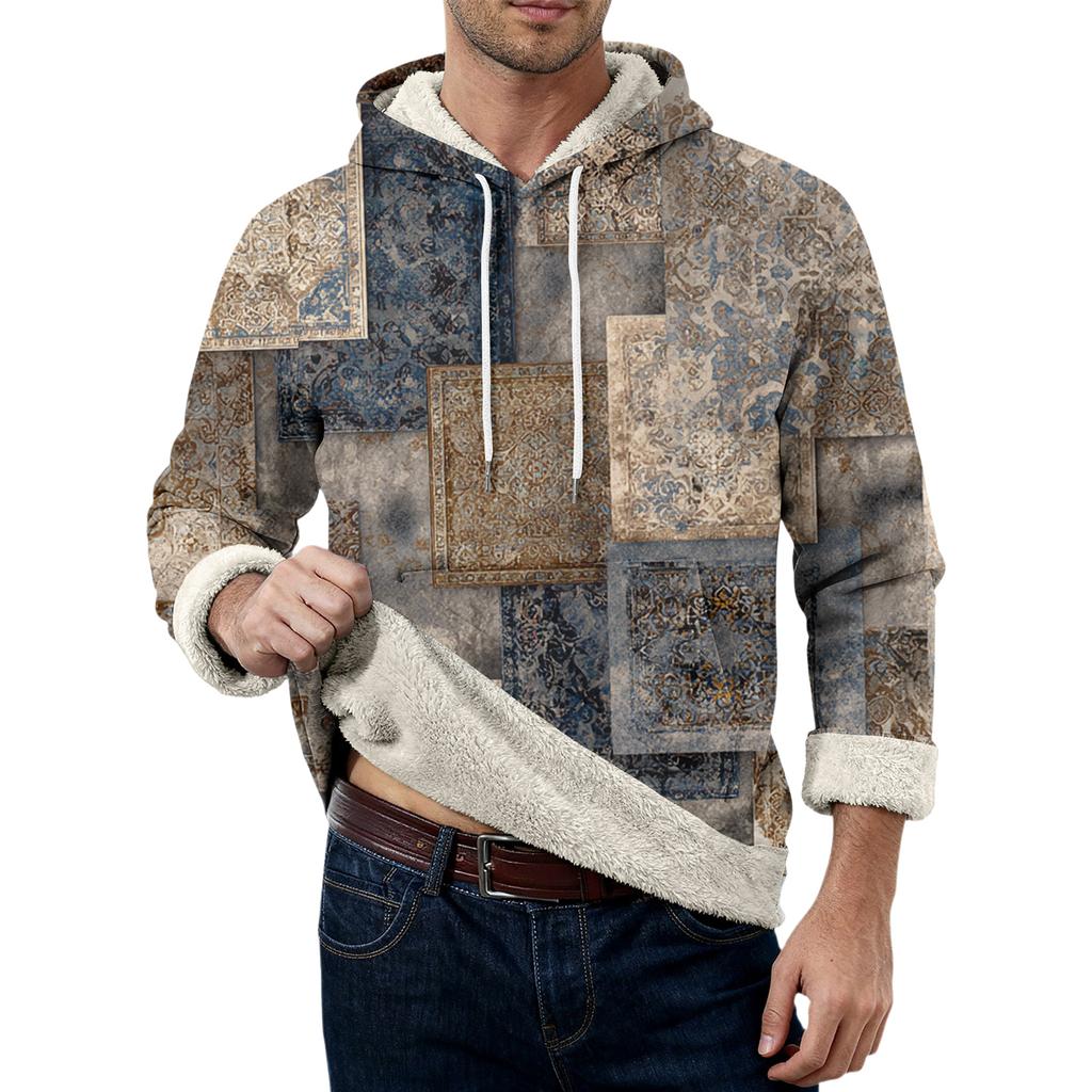 Herr långärmad fleecehuvtröja med fickor, casual