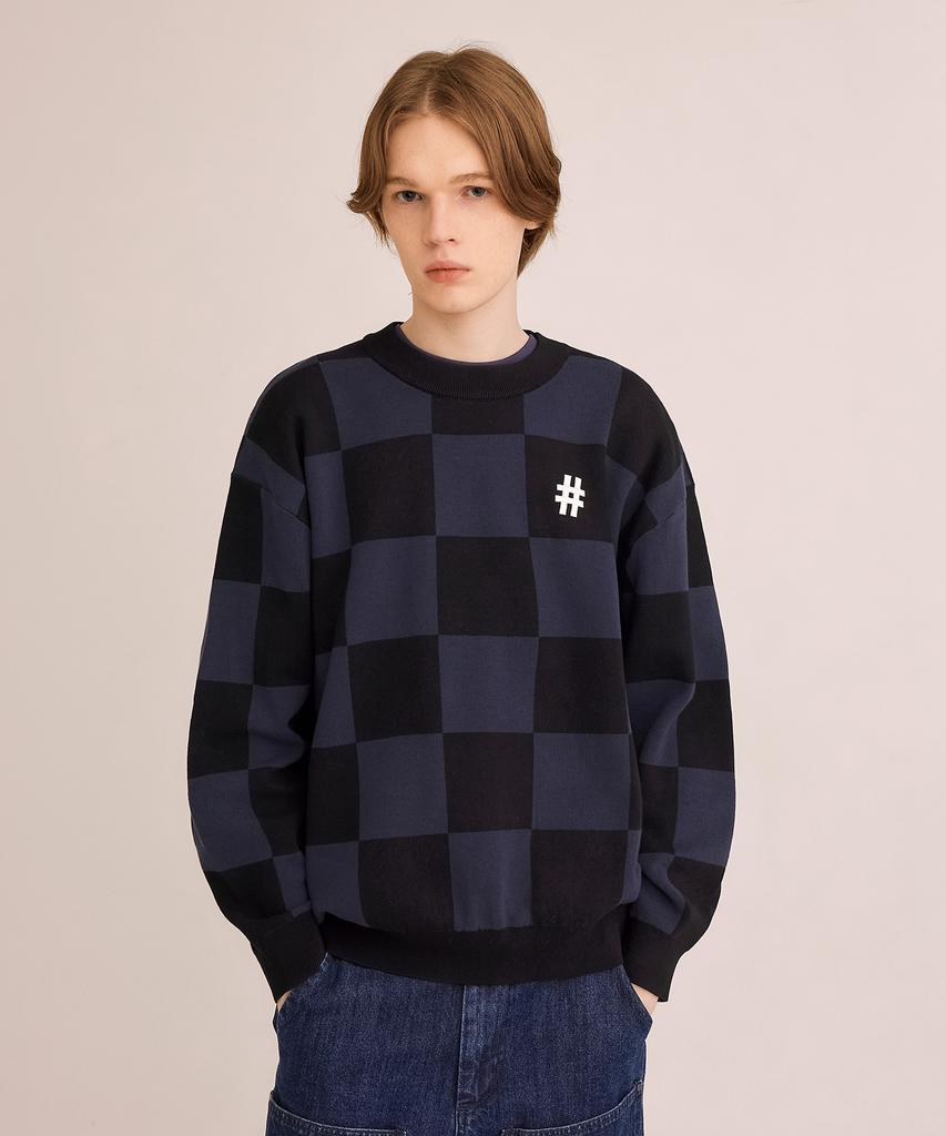 BEENTRILL Classic Checkerboard Oversized Knit (Dark Navy)