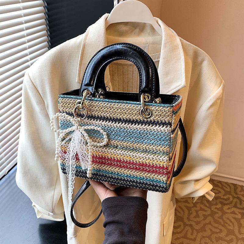 Rainbow Small Bag Portable Princess Diana Bag Women's New Summer Niche Contrasting Color Woven Messenger Bag