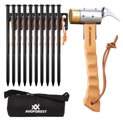 AVOFOREST Peg Hammer 10 20cm Peg Hammer Camping Pegs with Reflective High Carbon Steel Peg Brass Wooden Storage Pitching Camping Equipment + Pegs,
