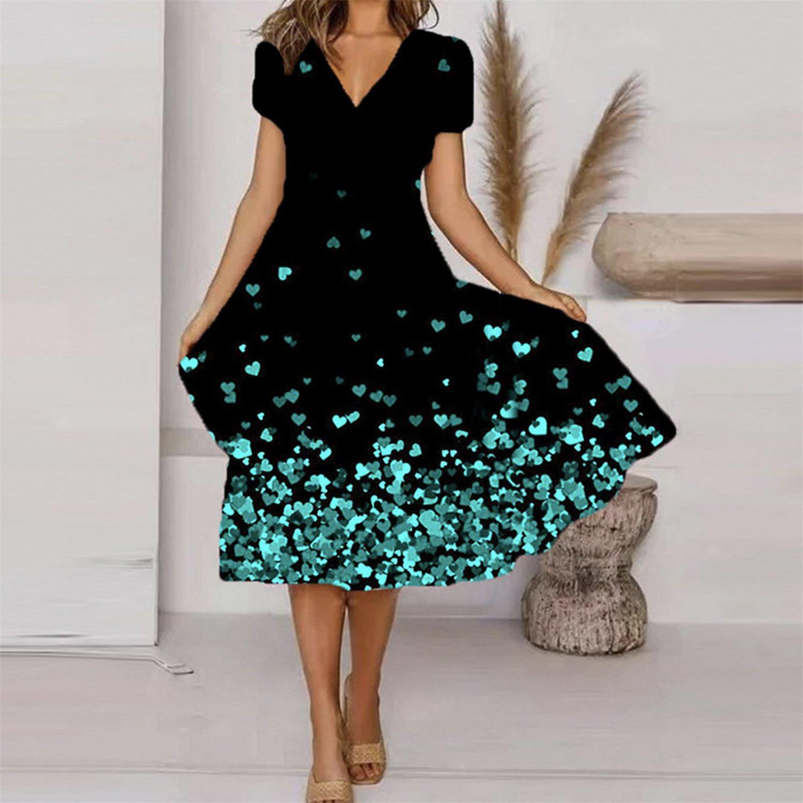Women s Summer Casual Fashion Floral Print Short Sleeve V-Neck Swing Dress XXXL