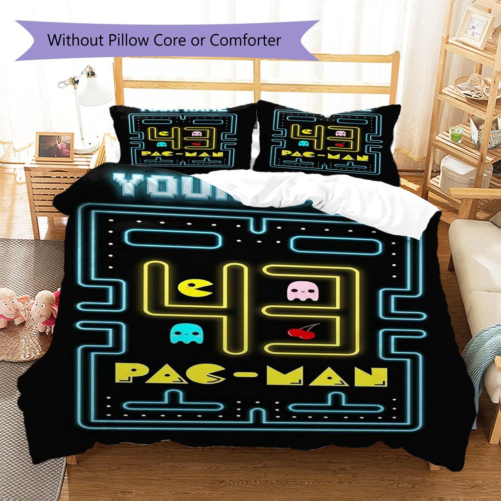 Pac-Man Custom Name Pattern Bedding,Quilt Set Quilt Cover Pillowcase Home Birthday Gift(1 * Duvet Cover + 2 * Pillowcase, Without Core)