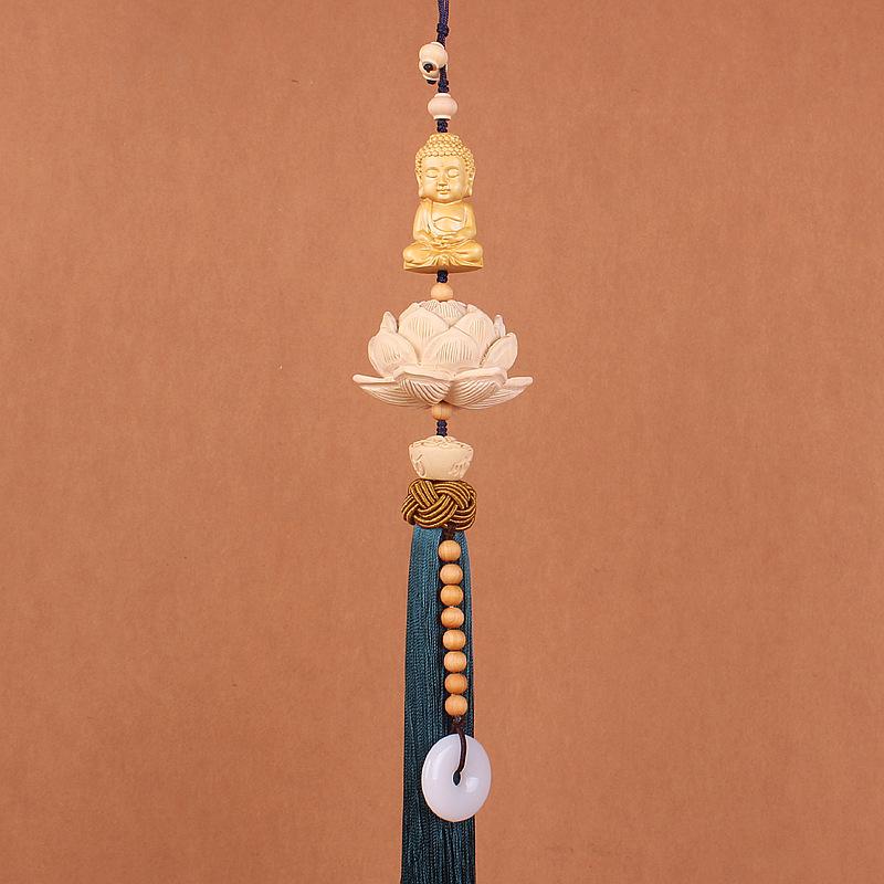 Handmade Boxwood Lotus Buddha Fu Figurines Pendants Car Ornaments Chinese Knot Style Window Decoration Home Decor Feng Shui Gift