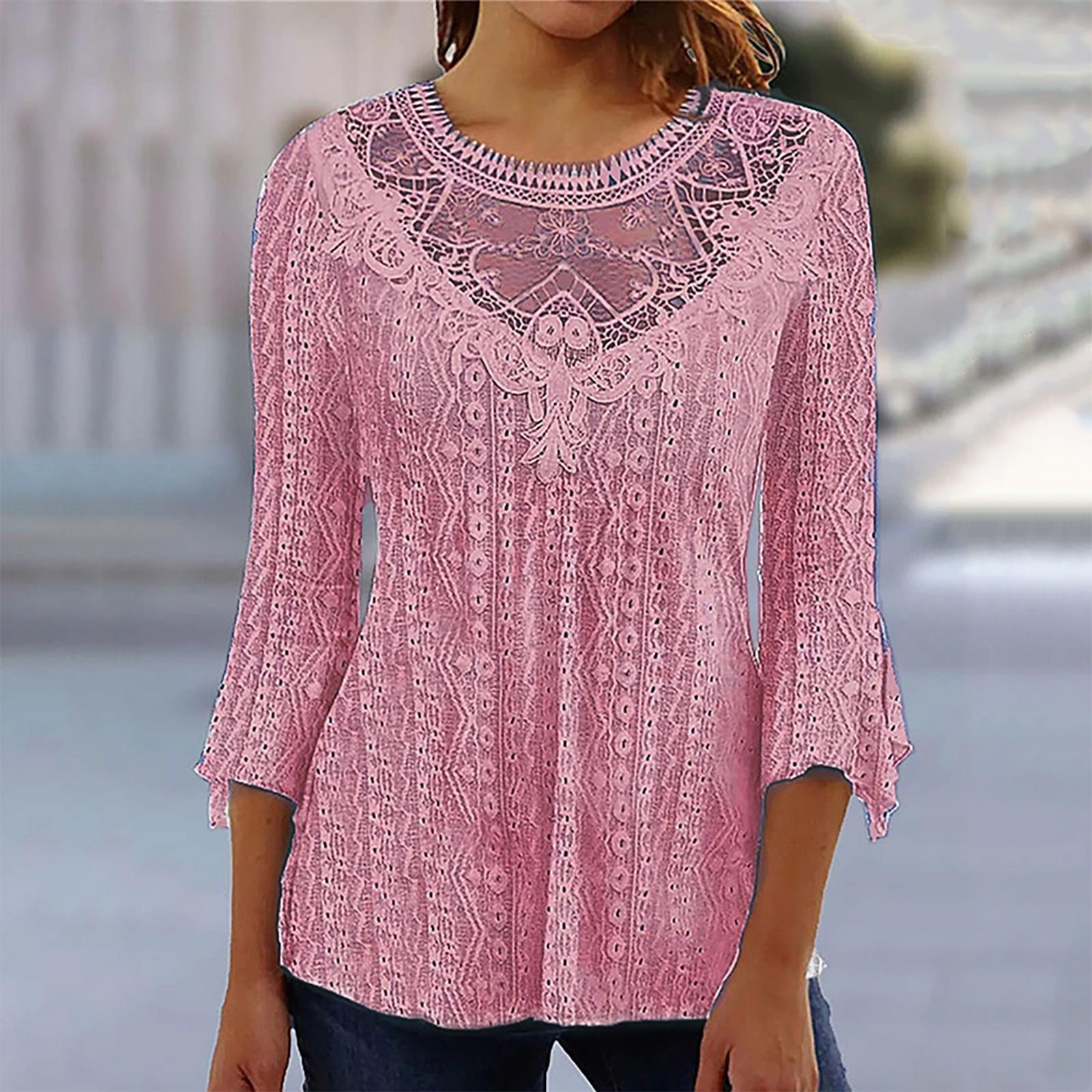 

Удобный и повседневный женский однотонный ажурный кружевной топ в стиле пэчворк с рукавами 3/4 XL розовый