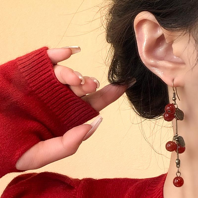 Chinese style unique design red fruit earrings women's long fringed earrings retro New Year's festive earrings