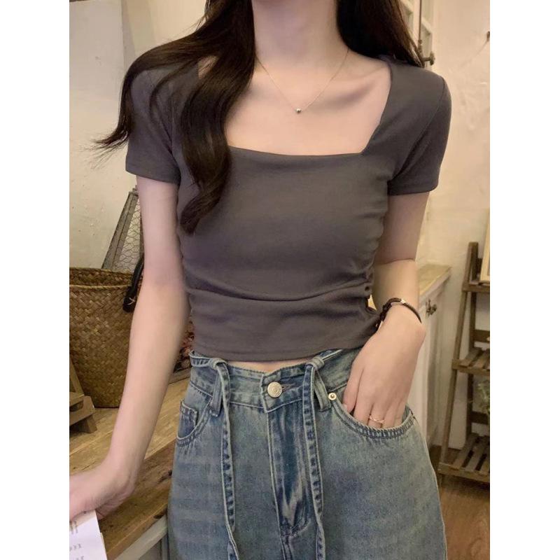 

2024 Korean Square Collar Pleated Slim Fit Short-Sleeve Women s Top X-Large