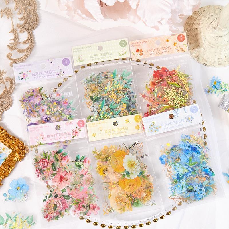 40Pcs/Bag Aesthetic Flower Stickers Pack Fresh Plant Hand Account DIY Material Decorative Stationery Stickers