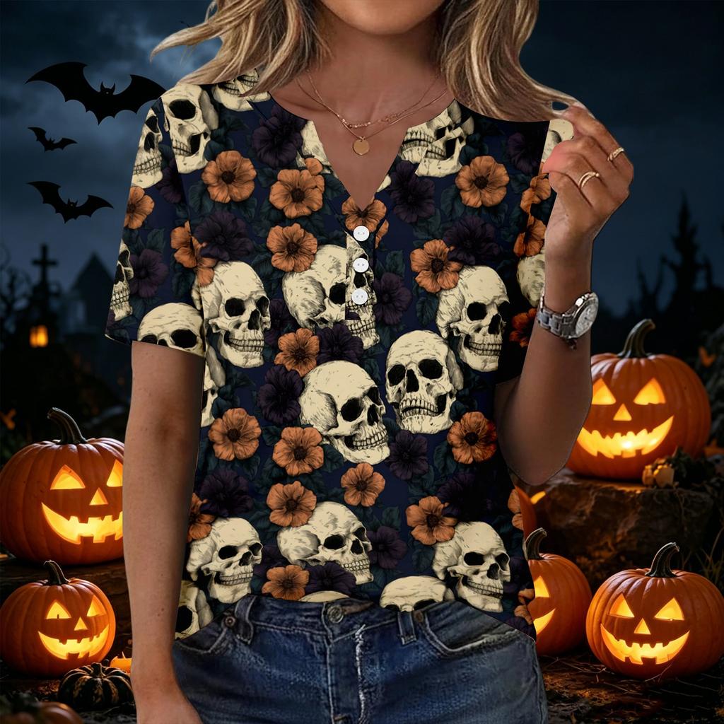 Women's Casual Halloween Print V-Neck Short Sleeve Button T-Shirt Top