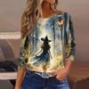 Women's Casual Top with Halloween Print Three Quarter Sleeve Neck Pullover for Fall Everyday Wear