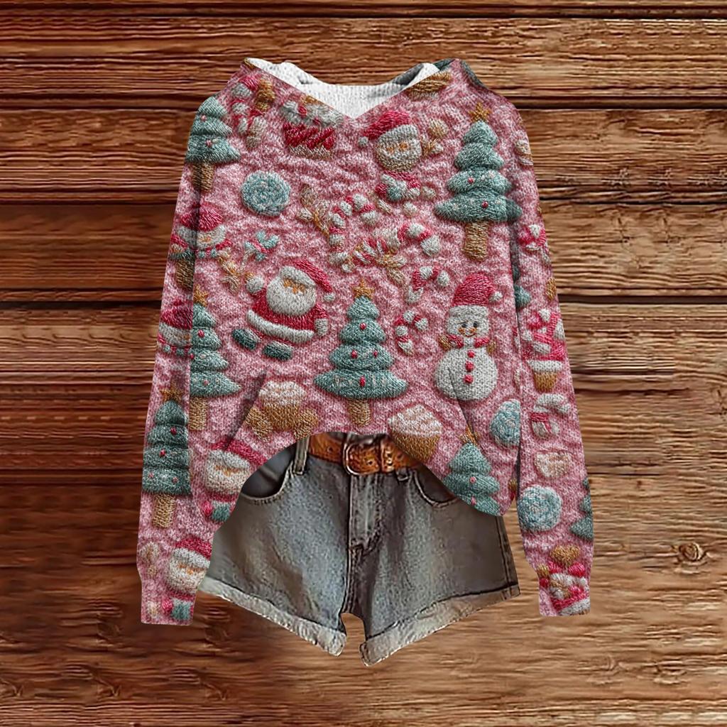 Women's Fashion Casual Long Sleeve Christmas Print Hooded Knitted Sweatshirt