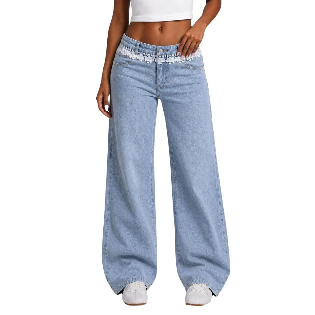 Women's Casual Wide Leg Jeans with Lace Trim Waistband for Everyday Wear