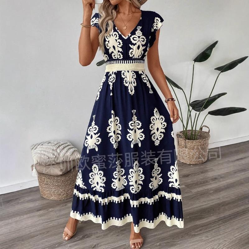 Europe, America spring and summer new women's clothing holiday wind beach skirt printed V-neck pendulum dress