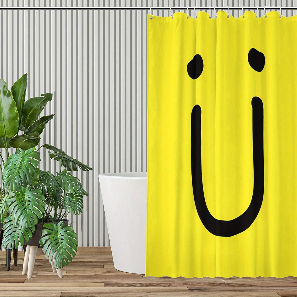 Bright Yellow Smile Face Shower Curtain – Fun & Playful Bathroom Decor, Easy-Clean Polyester, Includes Hooks