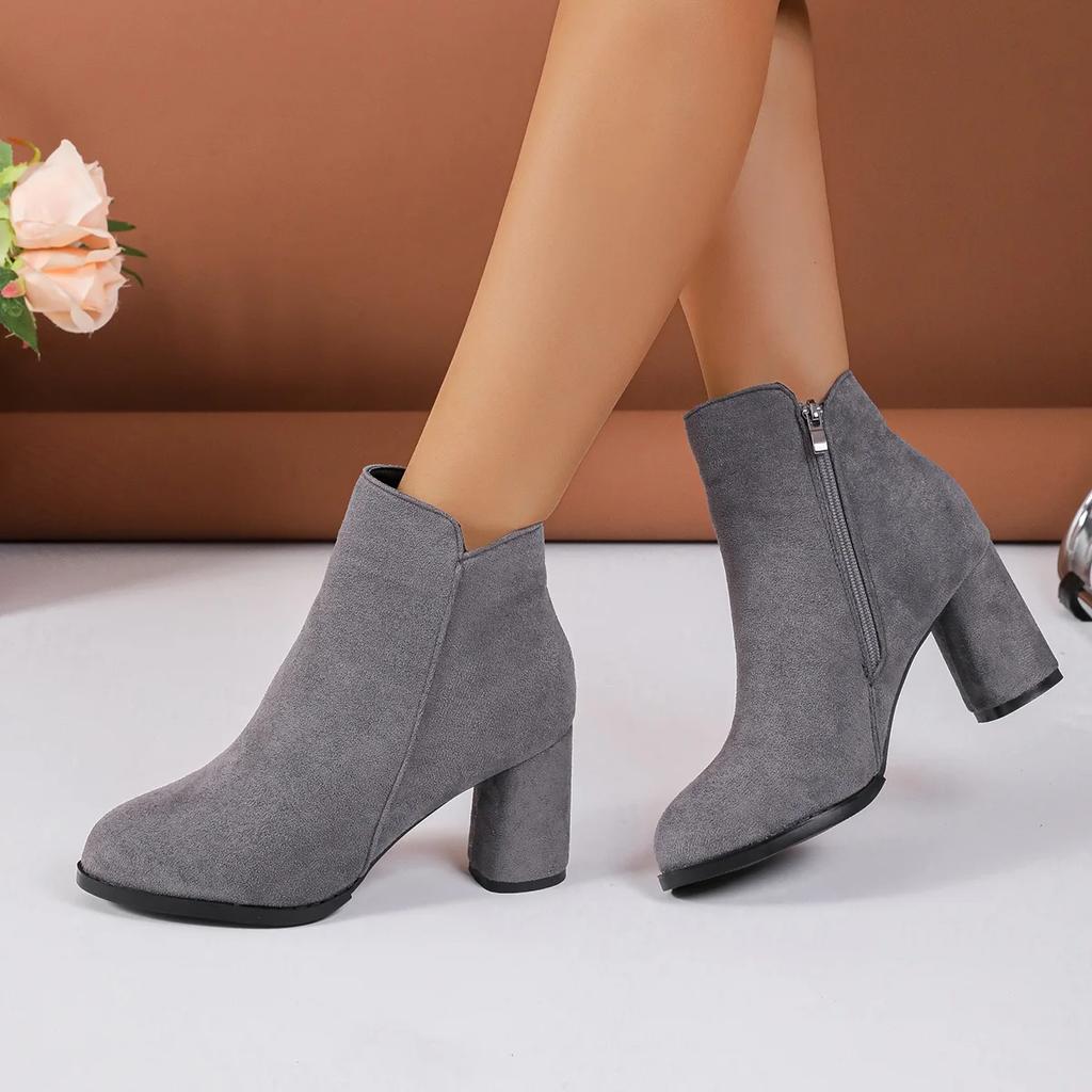 Fashion 2025 New Women Ankle Boots Fashion Pointed Shoes Women Side Zipper Stretch Middle Heel Large Size Short Boots Botas De Mujer