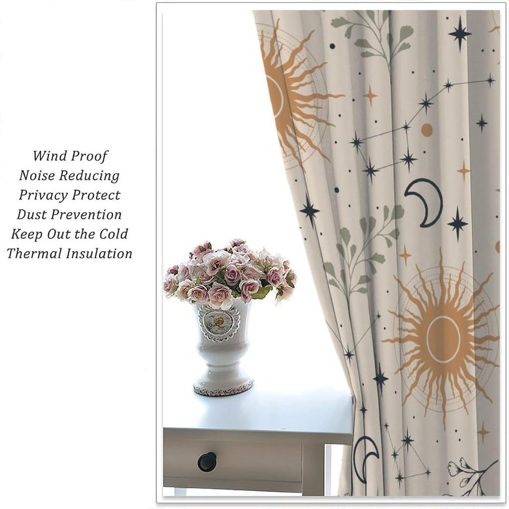 Boho Moon Decor Curtains,Magic Moons and Stars Boho Pattern for Home Kitchen Restaurant Decoration Window Curtain 2Panel
