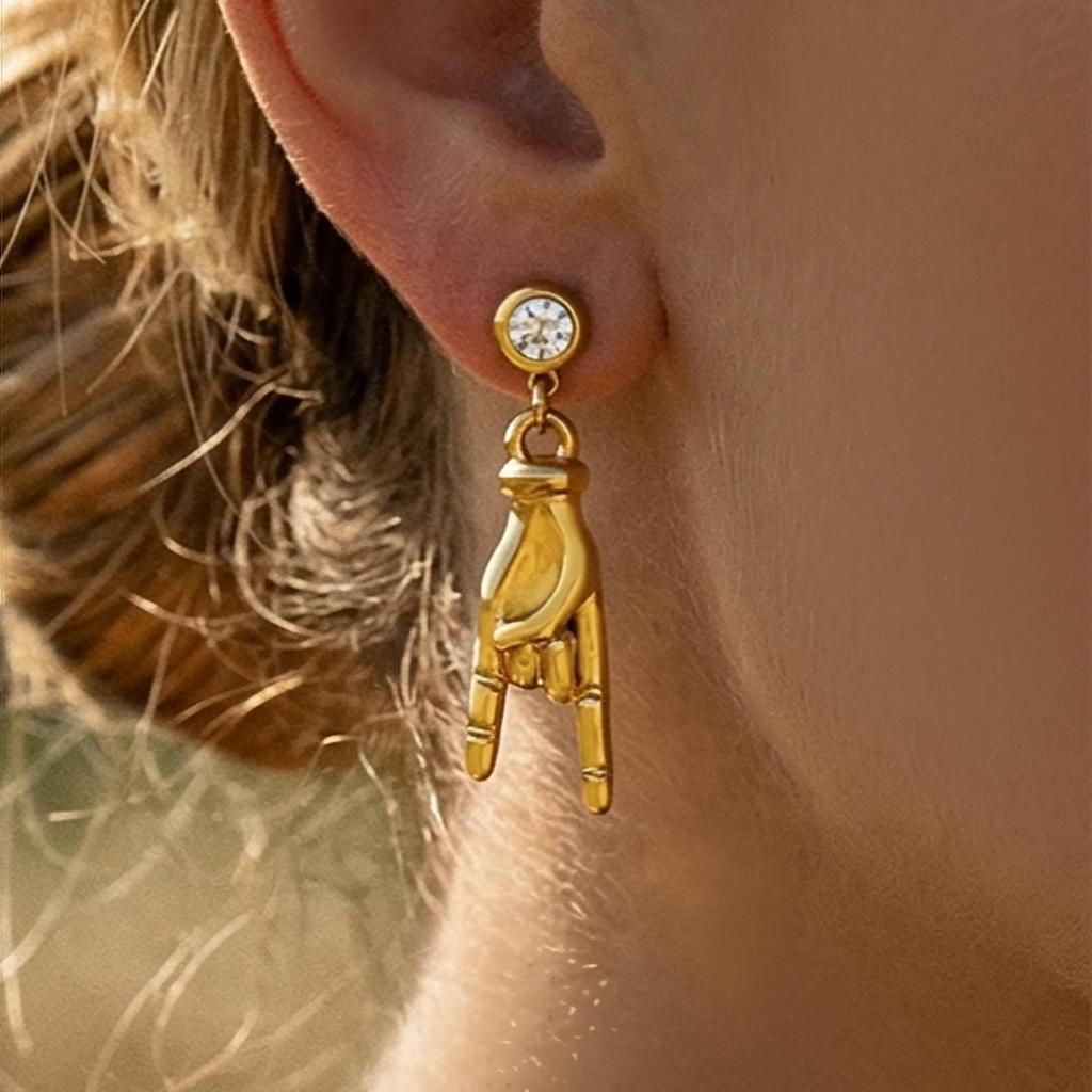 18k Gold-Plated Rock Hand Dangle Earrings with Inlaid Zirconia