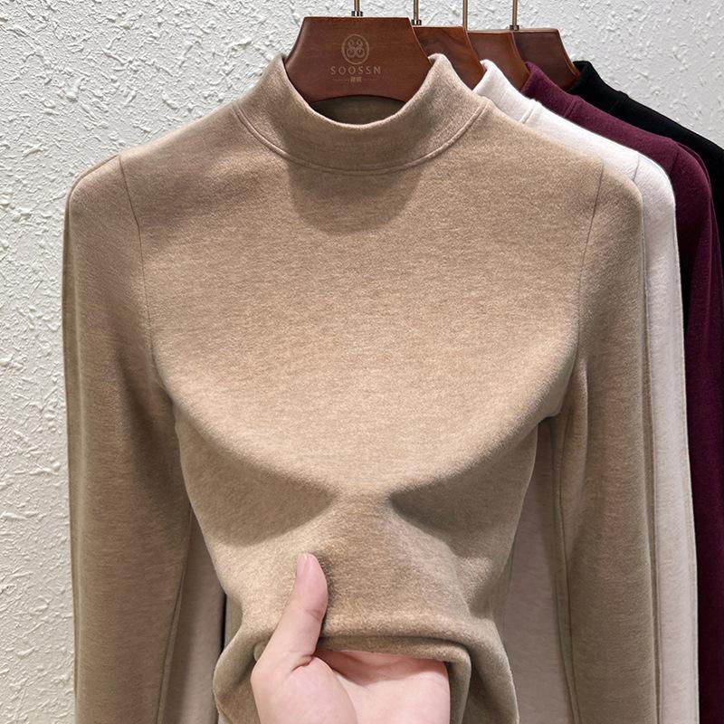 German Velvet Cashmere Semi-turtleneck Bottoming Shirt Women's Black Technology Thermal Clothing Autumn and Winter Thick with Velvet Black Top