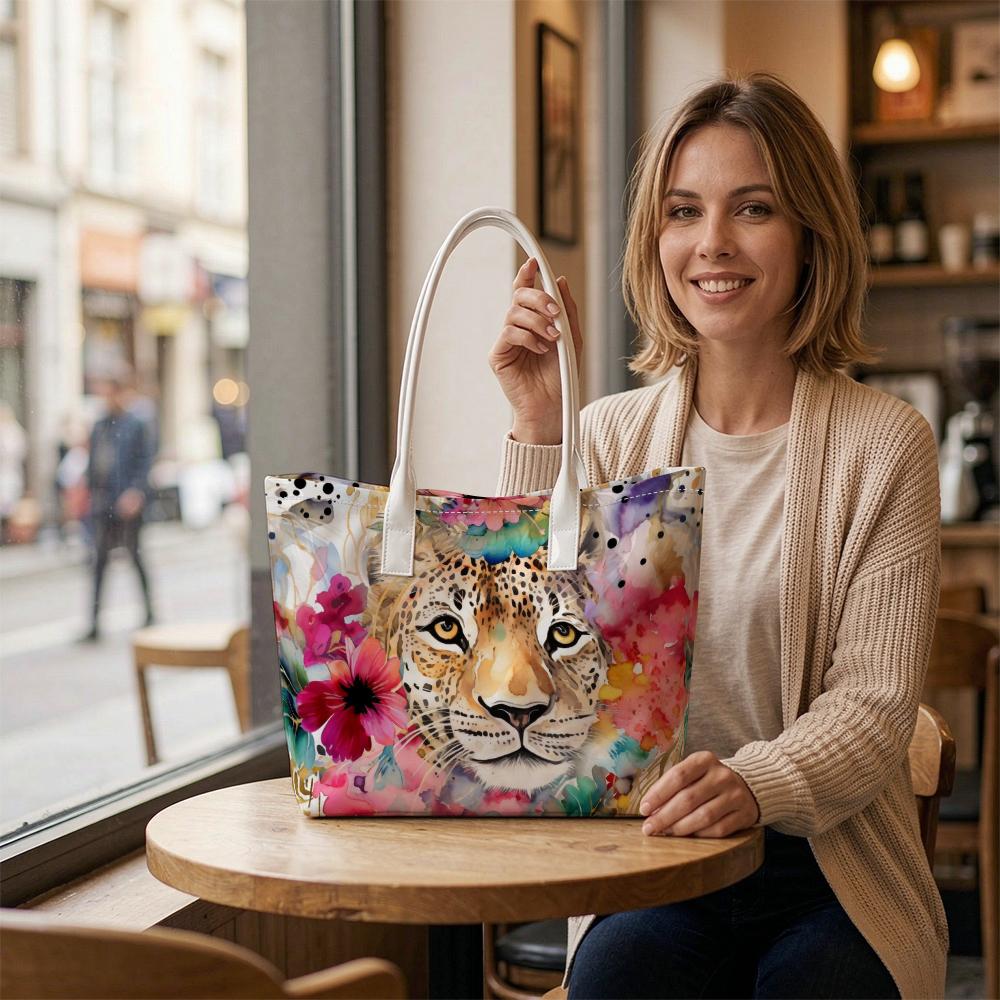 Watercolor Leopard Print Tote Bag Fashion Floral Casual Large Capacity Handbag for Daily Use