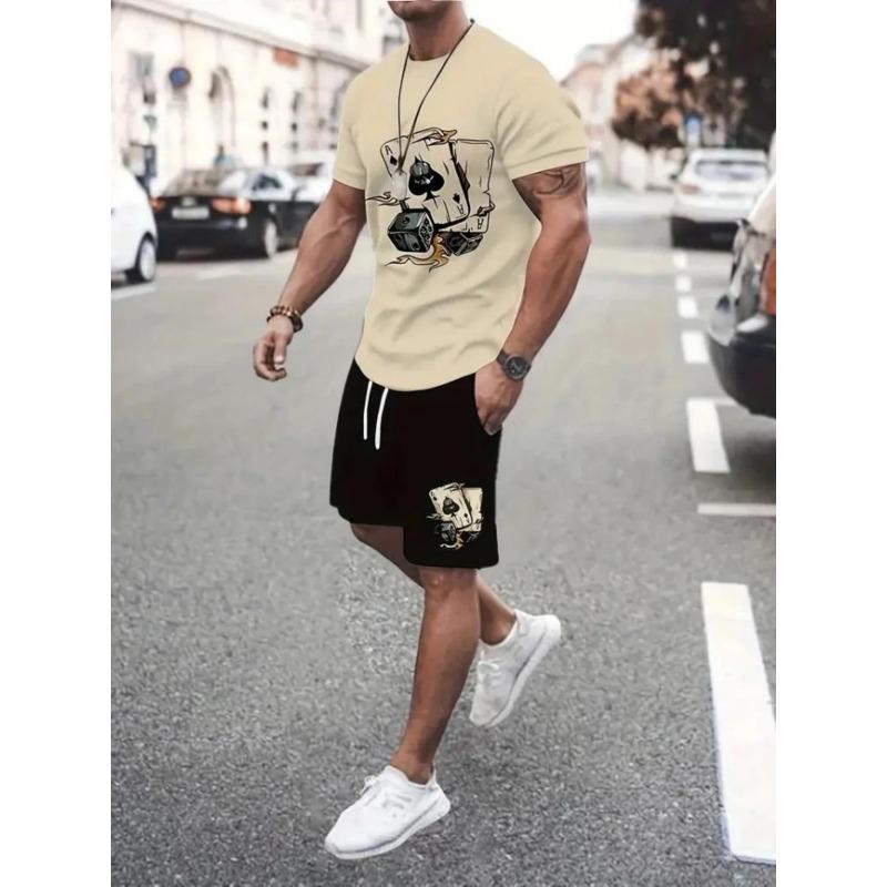 New Men's Summer Street Trendy Letter Printed Comfortable Breathable Round Neck T-shirt Shorts Set Outdoor High Street Clothing
