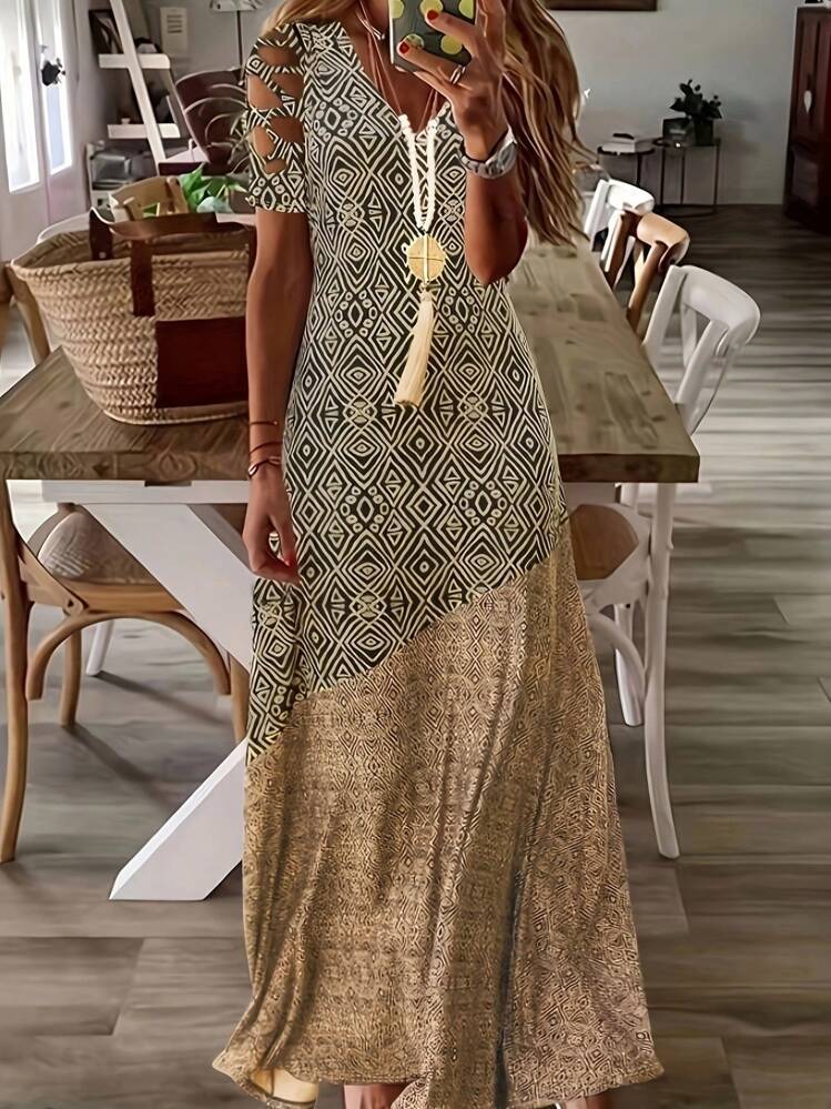 European and American women's clothing summer v-neck empty casual fashion printing, dress long dress