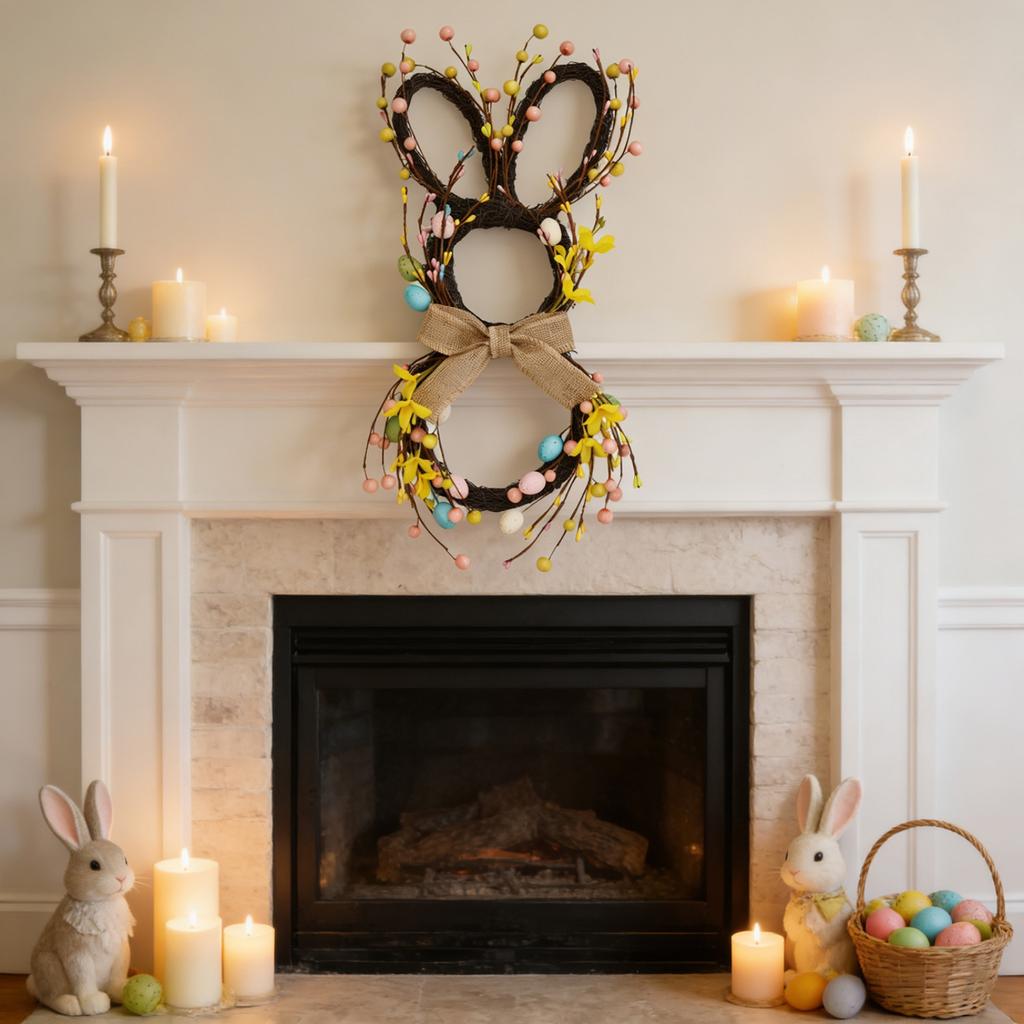 50*25cm Easter Bunny Wreath With Flowers, Bunny Shaped Pendant, Front Door Decoration