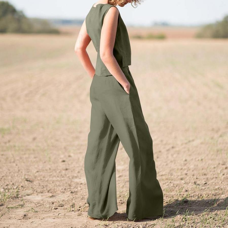Plus Size Women's Clothing Set, Solid Color Chinese Style Retro Pants, Cotton Linen Casual Long Sleeve Loose Cotton Set