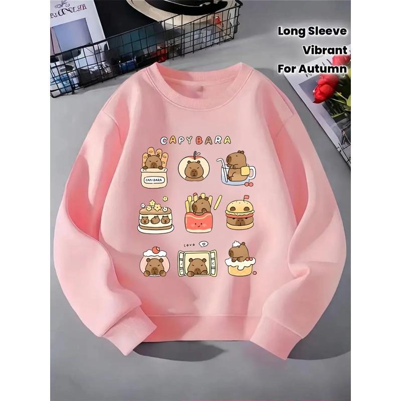 Crewneck Sweatshirt for Girls Featuring an Adorable Capybara Food Design, Suitable for Machine Washing