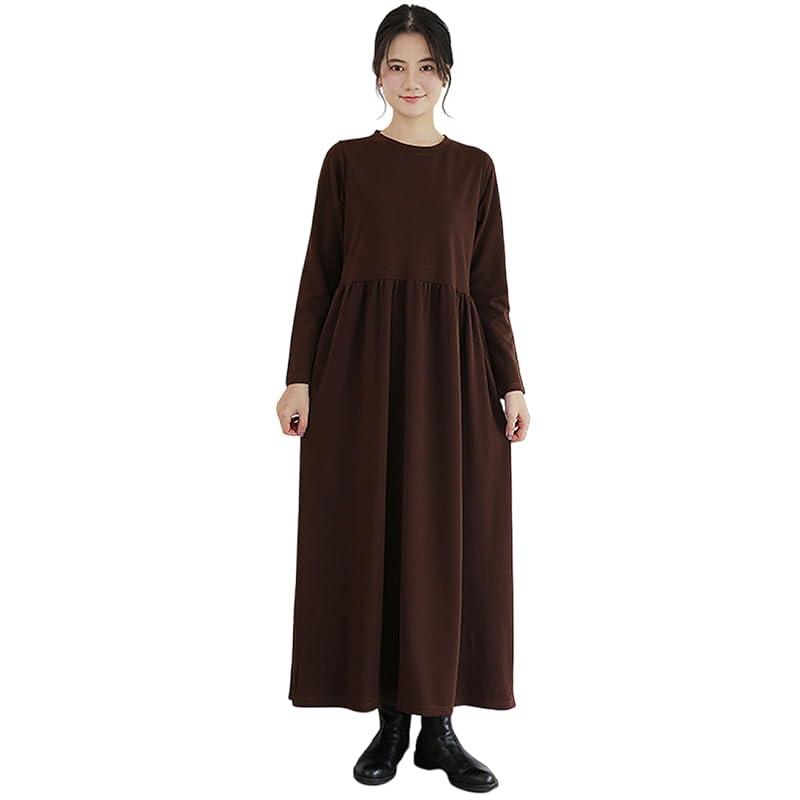 

[VaTcsAxg] one piece ladies Autumn/winter long dress body shape cover Dress slimmer with pocket Relaxing Plain color round neck A-line everyday wear