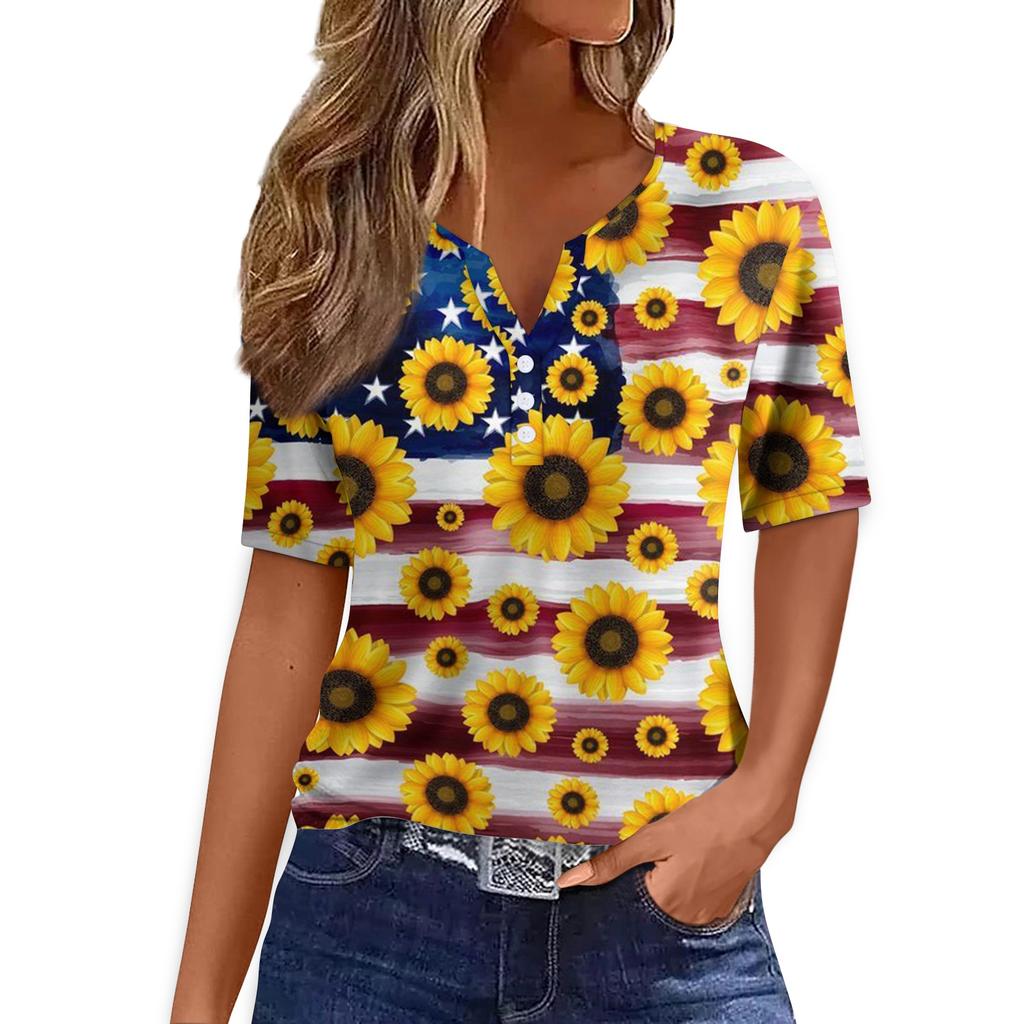 Women's T Shirt Tee Print Button Short Sleeve Daily Weekend Fashion Basic V- Neck Regular Top