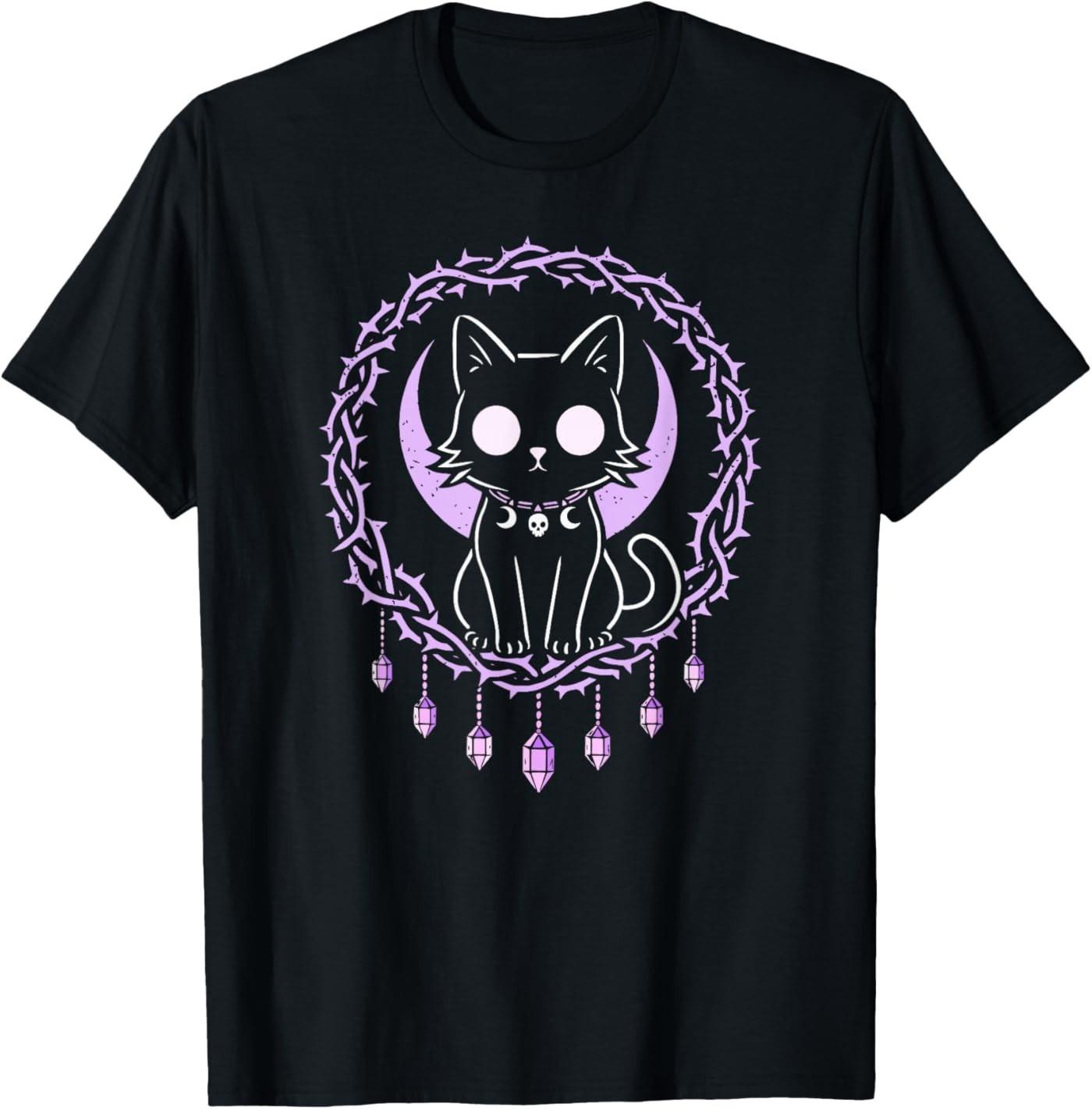 Cat Kitty Moon Creepy Cute Kawaii Pastel Goth Purple Crystal T-Shirt S