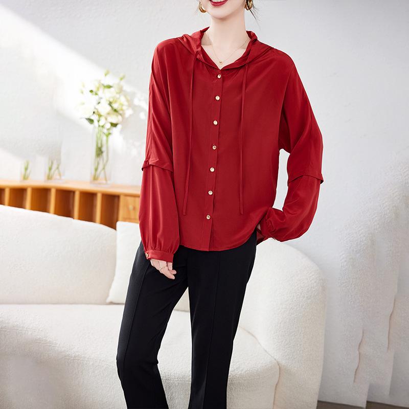 

Loose and thin hooded silk top mulberry silk long-sleeved shirt fashion light luxury temperament shirt women M червоний