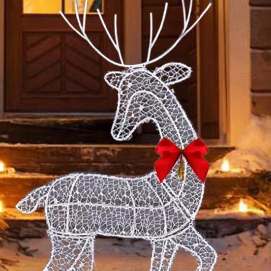 Christmas Light Up Reindeer Decoration Outdoor Lighted Deer Family with Bow 2D Waterproof Metal Reindeer for Yard Patio Lawn Garden Party Decor