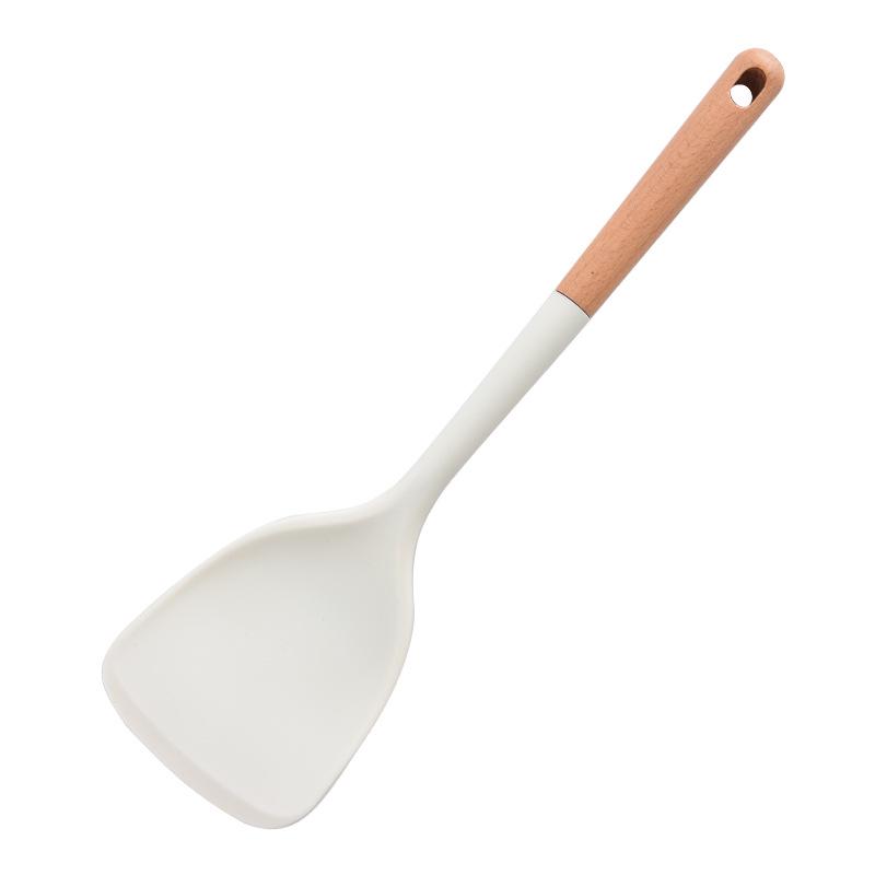 Heat-Resistant Silicone Kitchenware Set: Spatula, Soup Ladle, Slotted Spoon, Rice Spoon, Frying Pan Scraper, Oil Brush, and Flour Grabber.