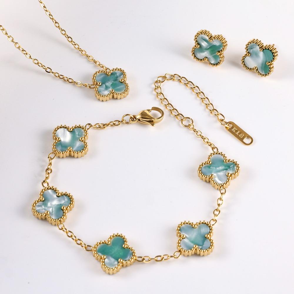 Women's and Girls' Four-leaf Clover Three-piece Set Colorfast Necklace Bracelet Earrings Jewelry