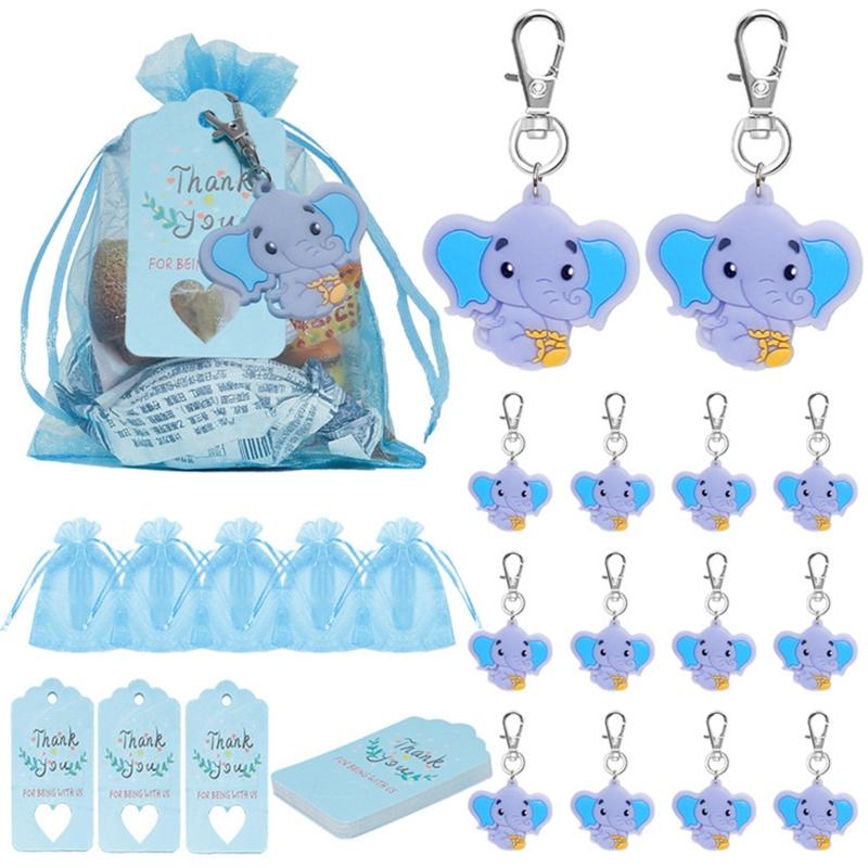 90Pcs/set Baby Shower Return Favors Elephant Keychains Organza Bags and Thank You Tags for Theme Party Favor Baby Kids