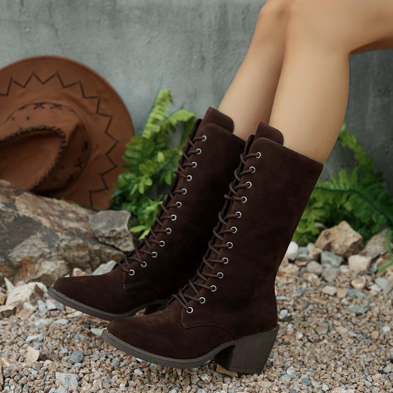 Fashion Block Heel High Boots Women's Fashion Round Toe Suede Front Lace-Up Anti-Slip Wear-Resistant Single Boots