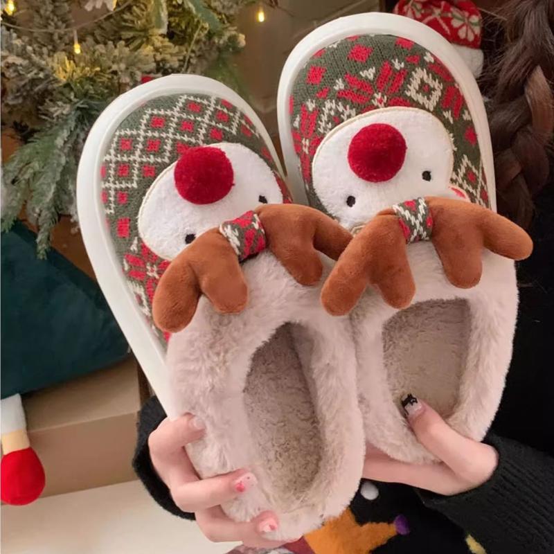 Fashion Cute Cartoon Deer Slippers For Women Warm Fluffy Shoes Soft Plush Anti-slip Female Indoor Home Cotton Slipper Christmas Footwear