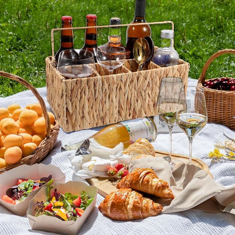 Party Wicker Cutlery Rack with Handle Woven Split Picnic Basket Outdoor Party Essentials (5 Compartments) Convenient Practical