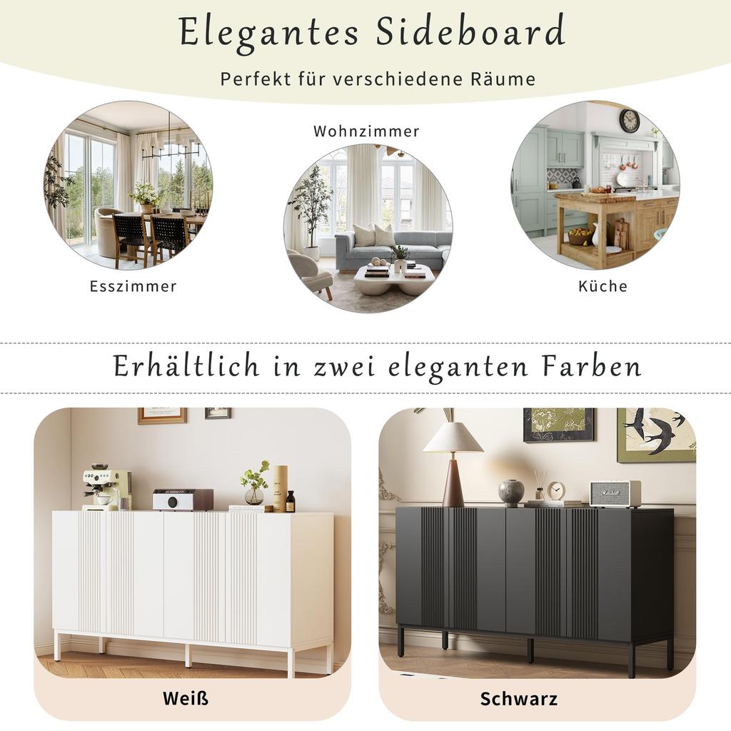Sideboard mit 4 Türen, Moderne Buffetschrank Mehrzweckschrank mit Verstellbare Ablage, Griffloses Design