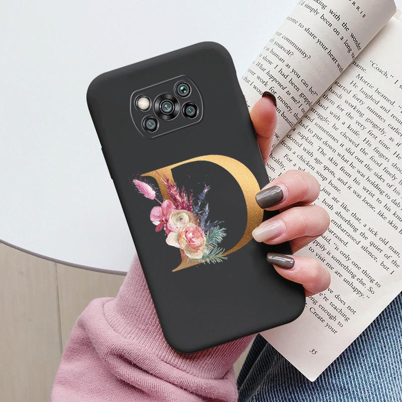 Letter Case For Poco X3 NFC PocoX3 Pro Back Cover Retro Flowers Pink Black Soft TPU Initial Fundas For Xiaomi Poco X 3 Pro Coque