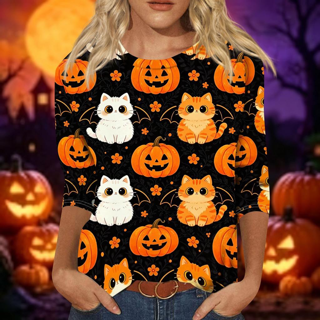 Women's Casual Halloween Print 3/4 Sleeve Round Neck Top Lightweight Soft Fabric Pullover Shirt for Everyday Wear
